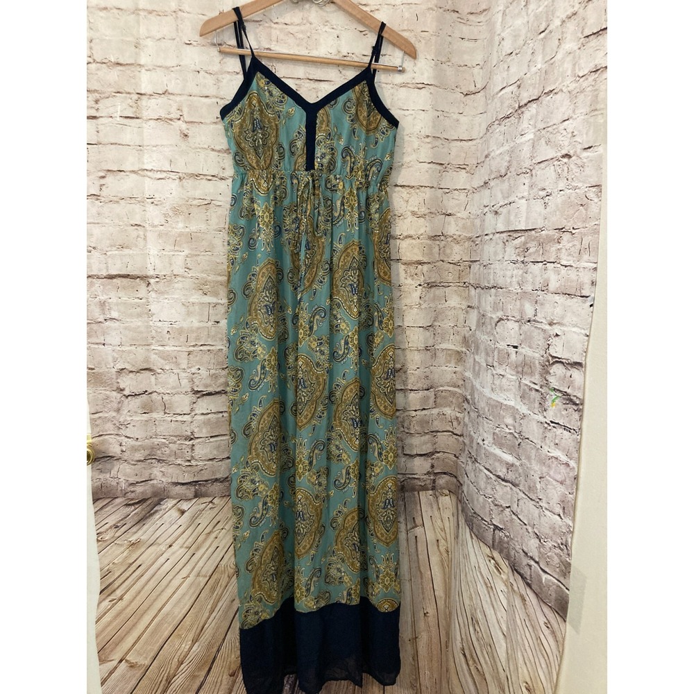 Doe & Rae Maxi Dress Womens Medium Turquoise Paisley Full Length Tie Waist